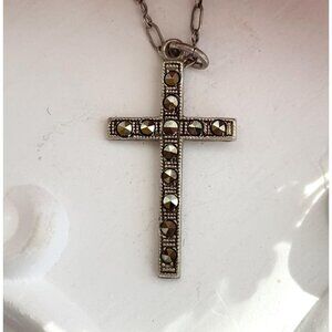 Art Deco Cross Marcasite Sterling Silver 925 Vintage Pendant Necklace - 15"
